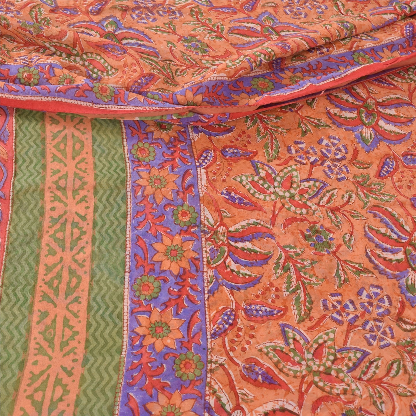 Sanskriti Vintage Sarees Peach 100% Pure Georgette Printed Sari 5yd Craft Fabric