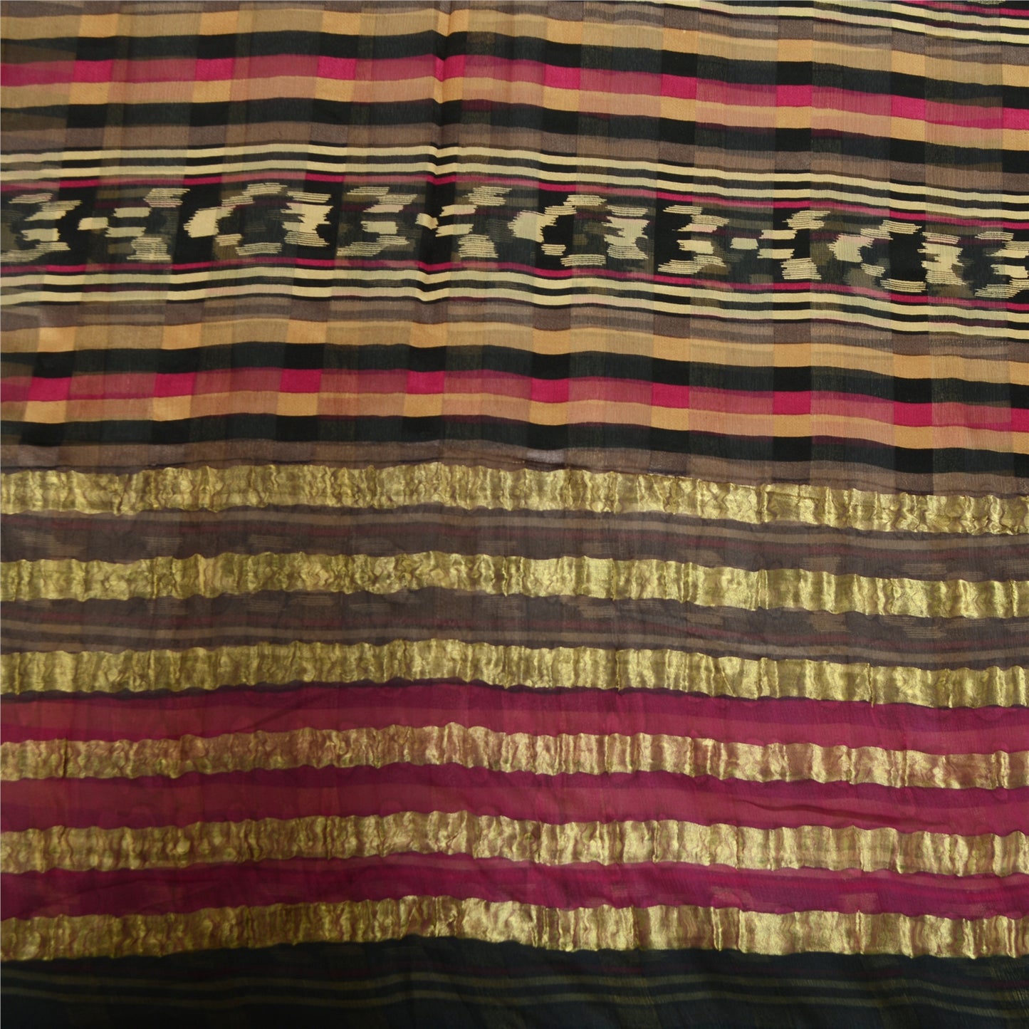 Sanskriti Vintage Sarees Black Pure Chiffon Silk Ikat Printed Sari Craft Fabric