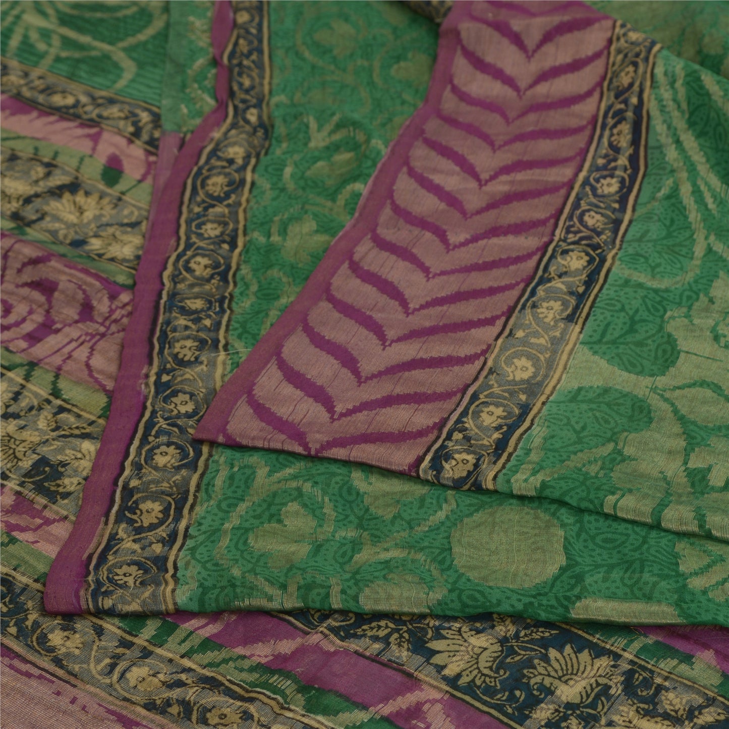 Sanskriti Vintage Sarees Green Pure Georgette Silk Woven Printed Sari 5yd Fabric