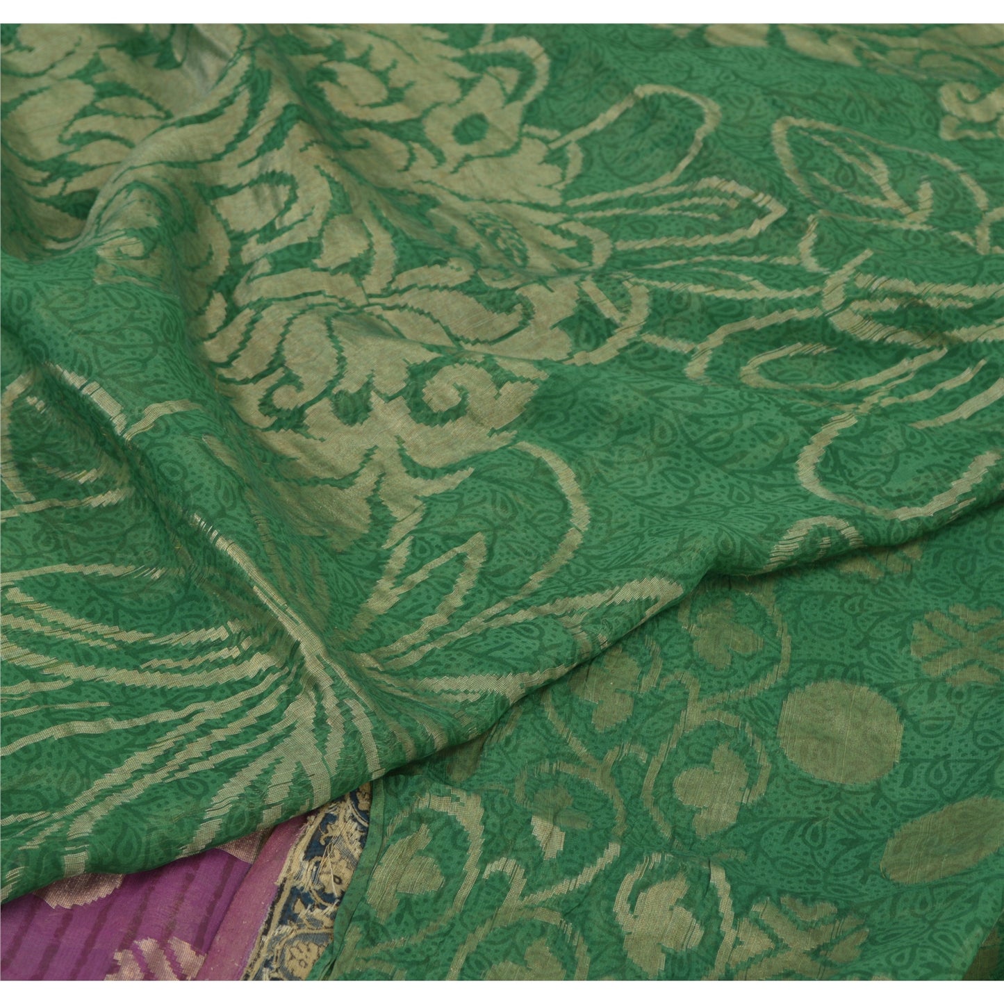 Sanskriti Vintage Sarees Green Pure Georgette Silk Woven Printed Sari 5yd Fabric