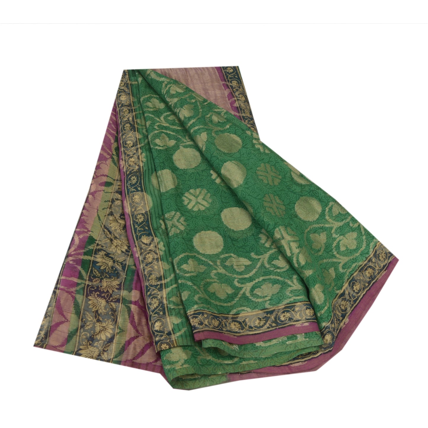 Sanskriti Vintage Sarees Green Pure Georgette Silk Woven Printed Sari 5yd Fabric