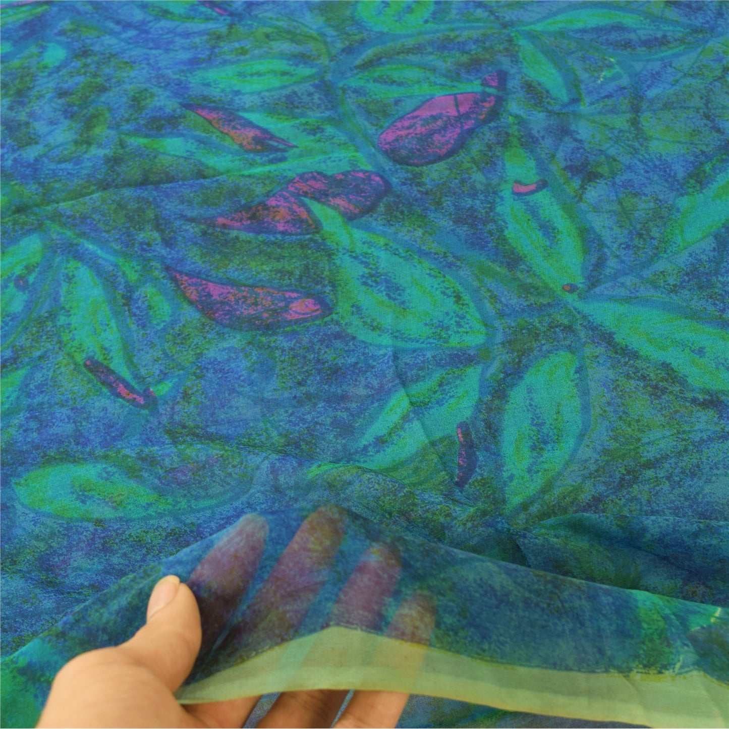 Sanskriti Vintage Sarees Blue Pure Chiffon Silk Printed Sari 5yd Craft Fabric