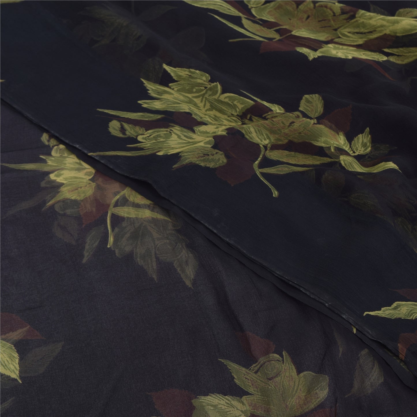 Sanskriti Vintage Sarees Black Pure Chiffon Silk Printed Sari 5yd Craft Fabric