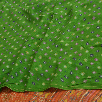 Sanskriti Vintage Sarees Green/Orange Pure Crepe Silk Sari Printed Craft Fabric