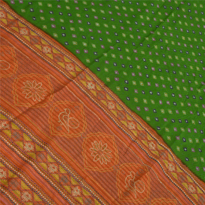 Sanskriti Vintage Sarees Green/Orange Pure Crepe Silk Sari Printed Craft Fabric