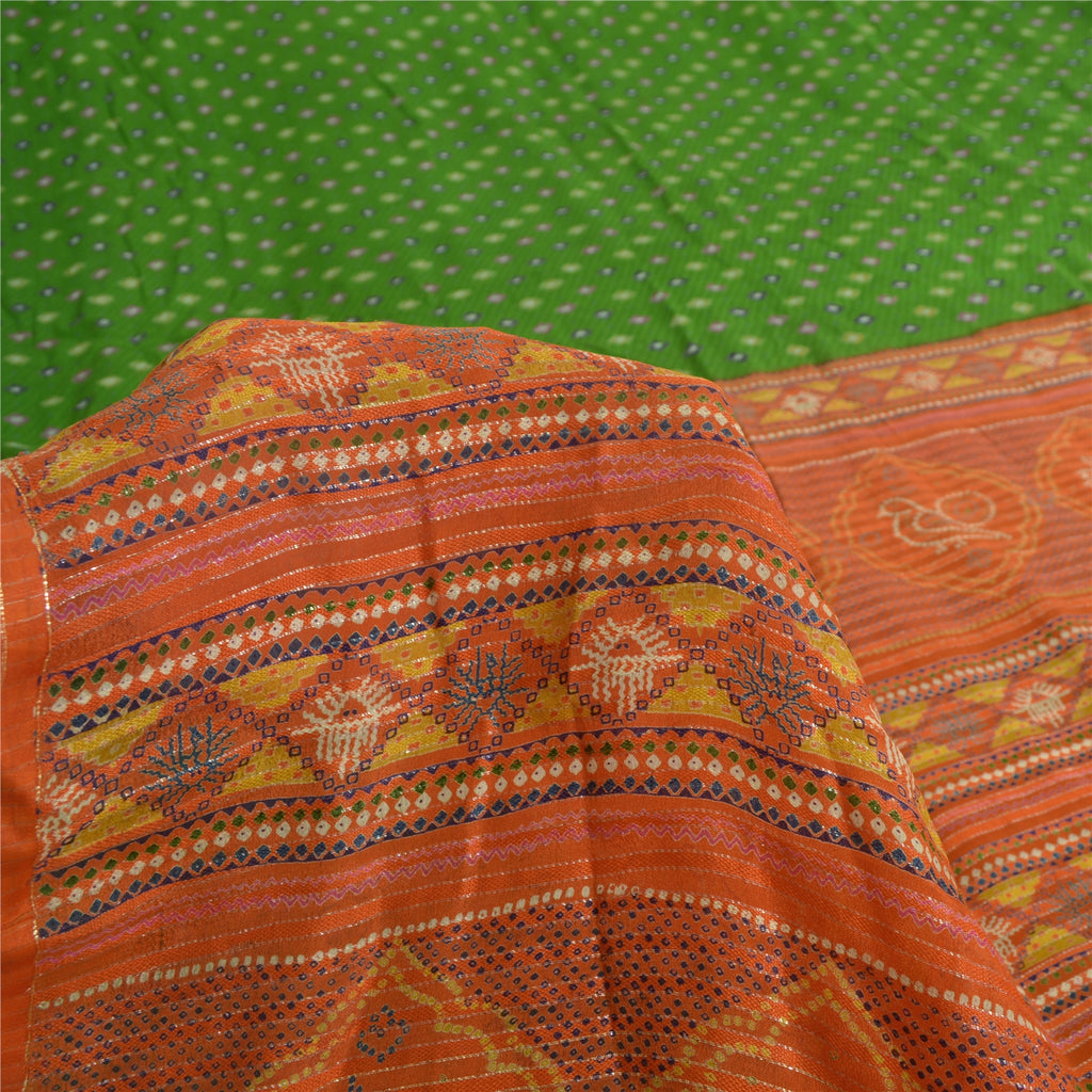 Sanskriti Vintage Sarees Green/Orange Pure Crepe Silk Sari Printed Craft Fabric