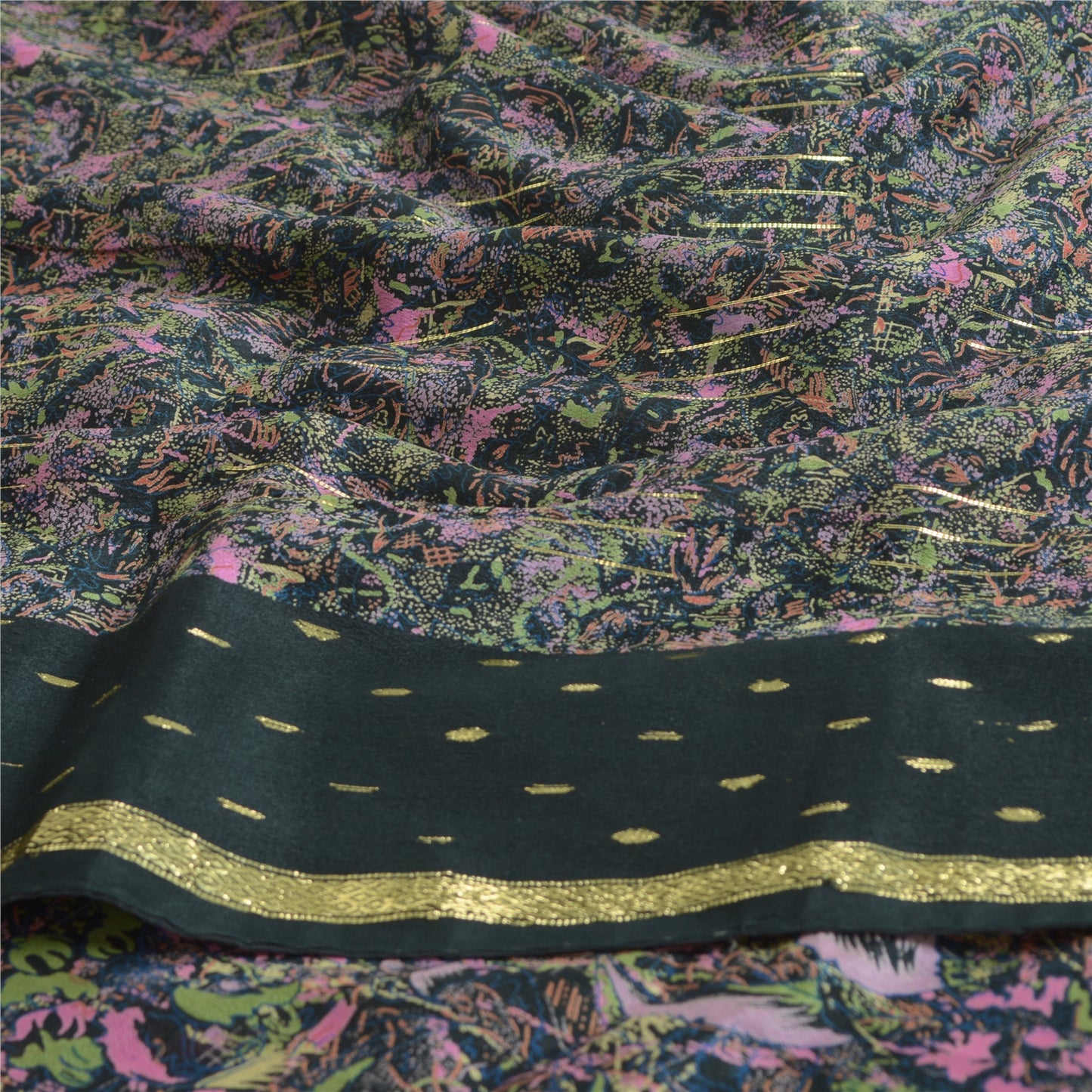 Sanskriti Vintage Sarees Black Pure Georgette Printed Woven Sari Craft Fabric