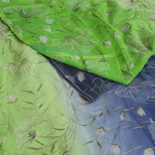 Sanskriti Vintage Sarees Green/Blue Pure Georgette Silk Print Woven Sari Fabric