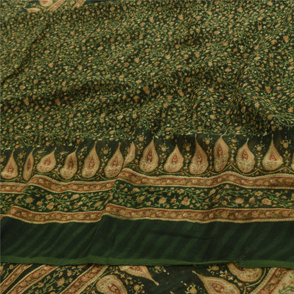 Sanskriti Vintage Sarees Green Pure Georgette Silk Printed Sari 5yd Craft Fabric