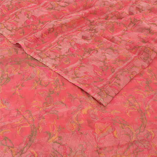 Sanskriti Vintage Sarees Pink 100% Pure Chiffon Silk Printed Sari Craft Fabric