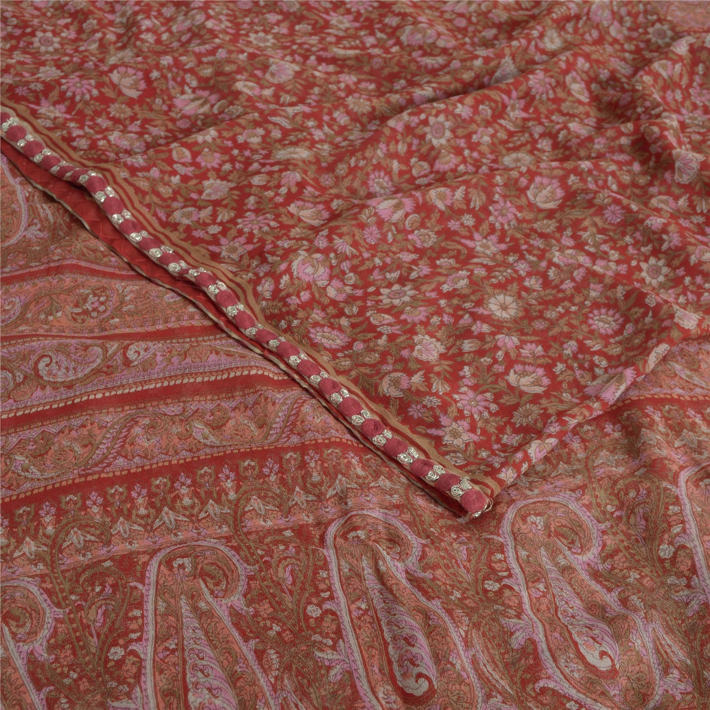 Sanskriti Vintage Sarees Red Pure Georgette Silk Printed Sari 5yd Craft Fabric