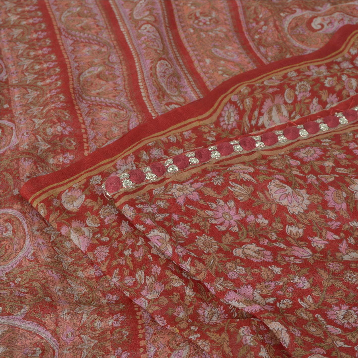 Sanskriti Vintage Sarees Red Pure Georgette Silk Printed Sari 5yd Craft Fabric