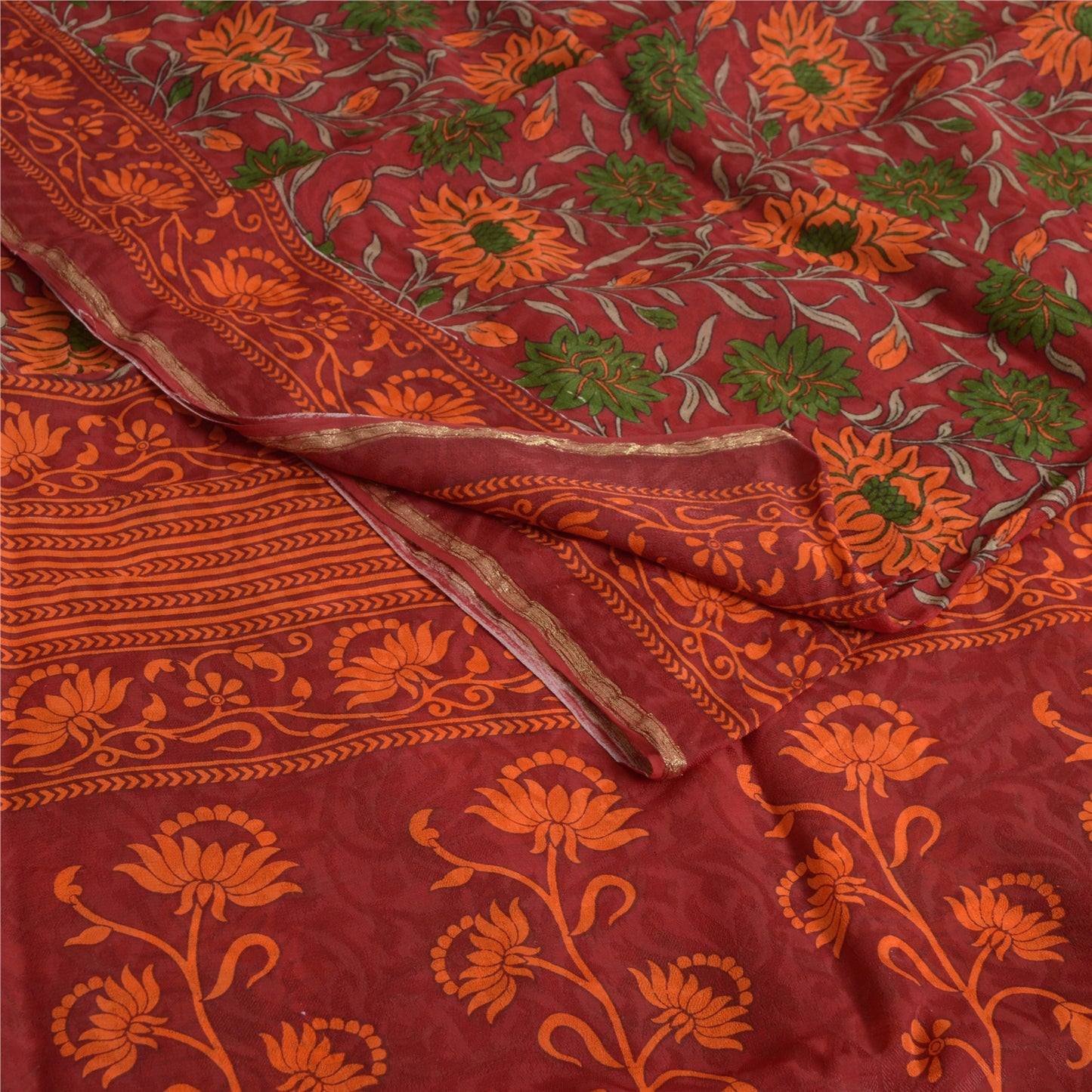 Sanskriti Vintage Sarees Dark-Red Pure Georgette Silk Printed Sari Craft Fabric