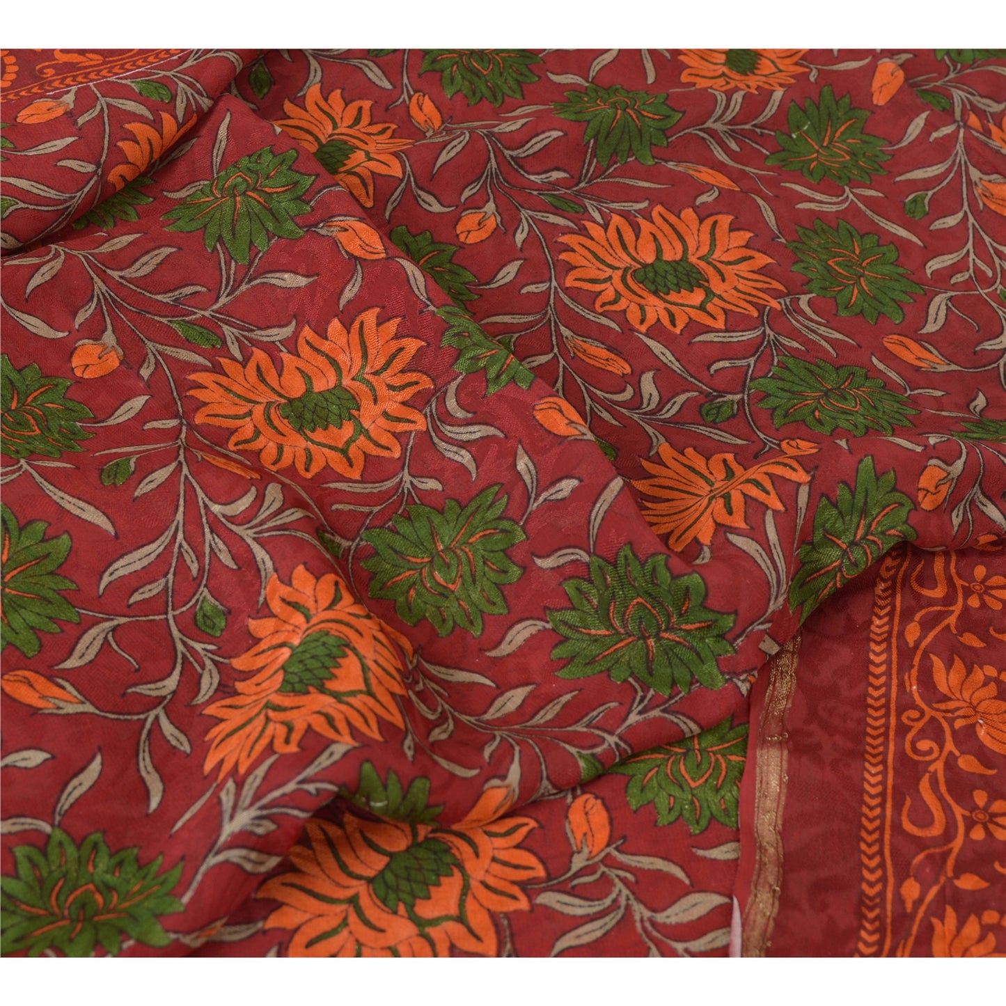 Sanskriti Vintage Sarees Dark-Red Pure Georgette Silk Printed Sari Craft Fabric