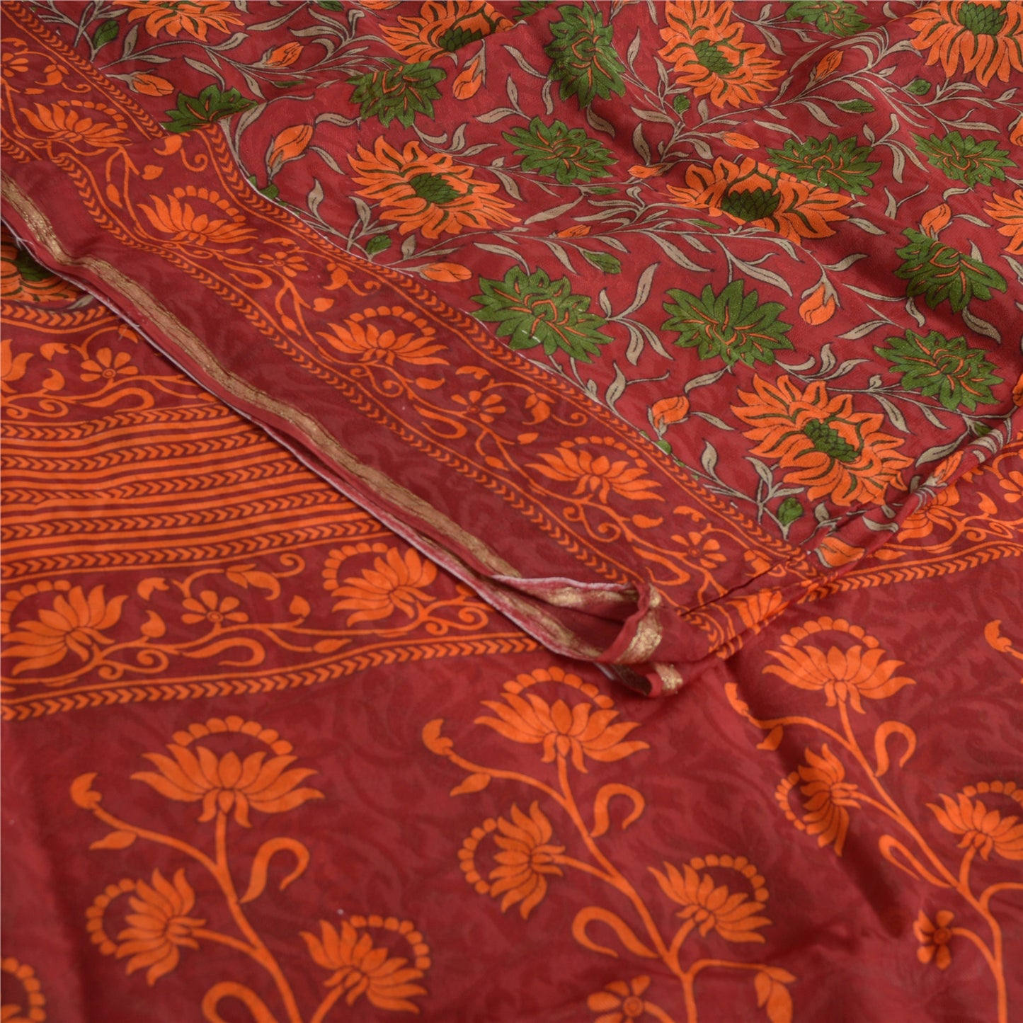 Sanskriti Vintage Sarees Dark-Red Pure Georgette Silk Printed Sari Craft Fabric