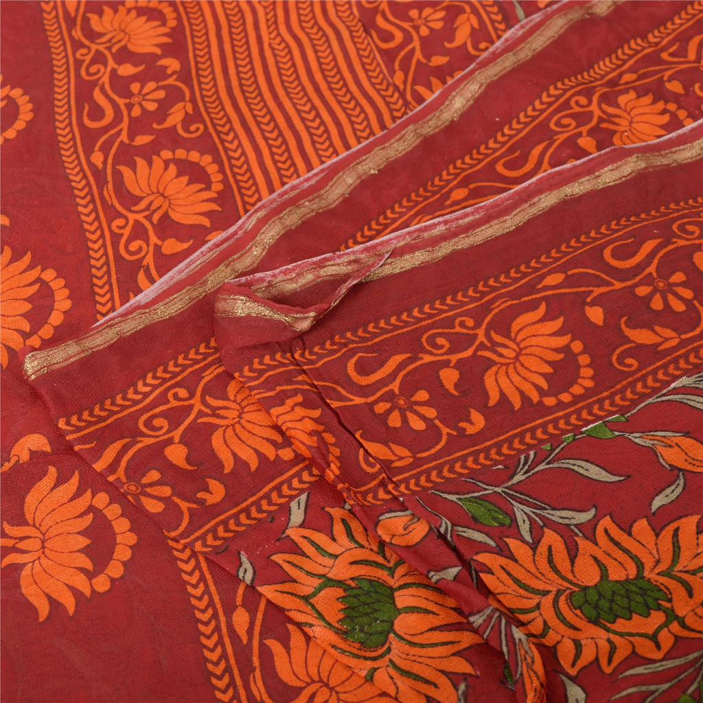 Sanskriti Vintage Sarees Dark-Red Pure Georgette Silk Printed Sari Craft Fabric