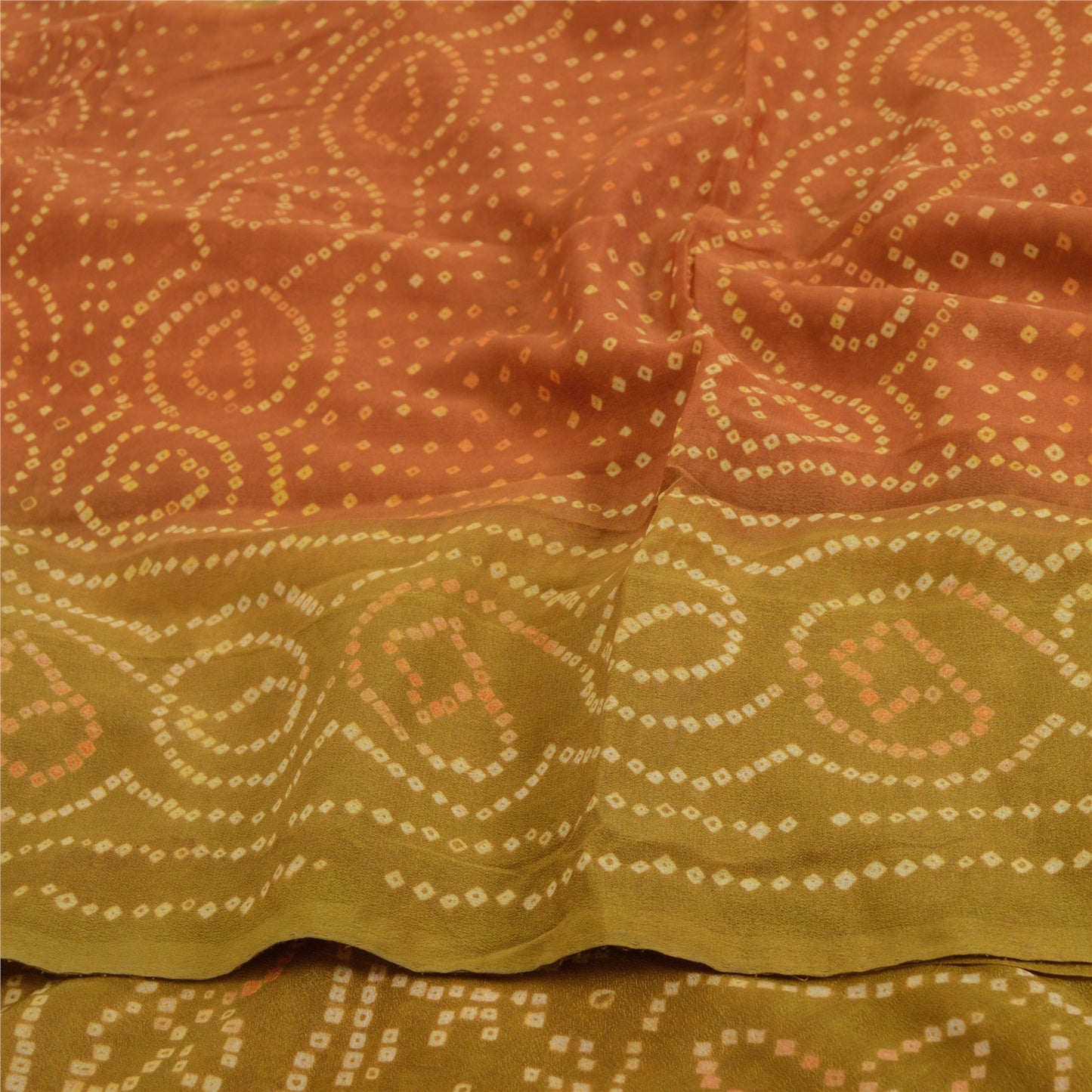 Sanskriti Vintage Sarees Green/Orange Bandhani Print Pure Georgette Sari Fabric