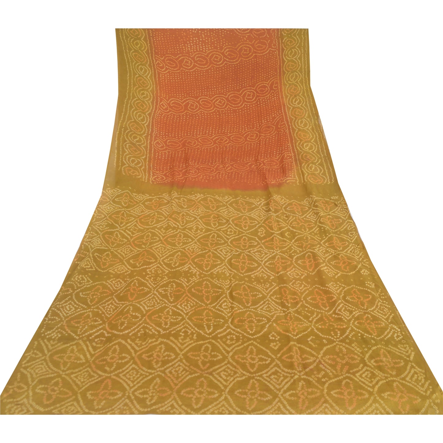 Sanskriti Vintage Sarees Green/Orange Bandhani Print Pure Georgette Sari Fabric