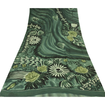 Sanskriti Vintage Sarees Dark Green Pure Georgette Silk Print Sari Craft Fabric