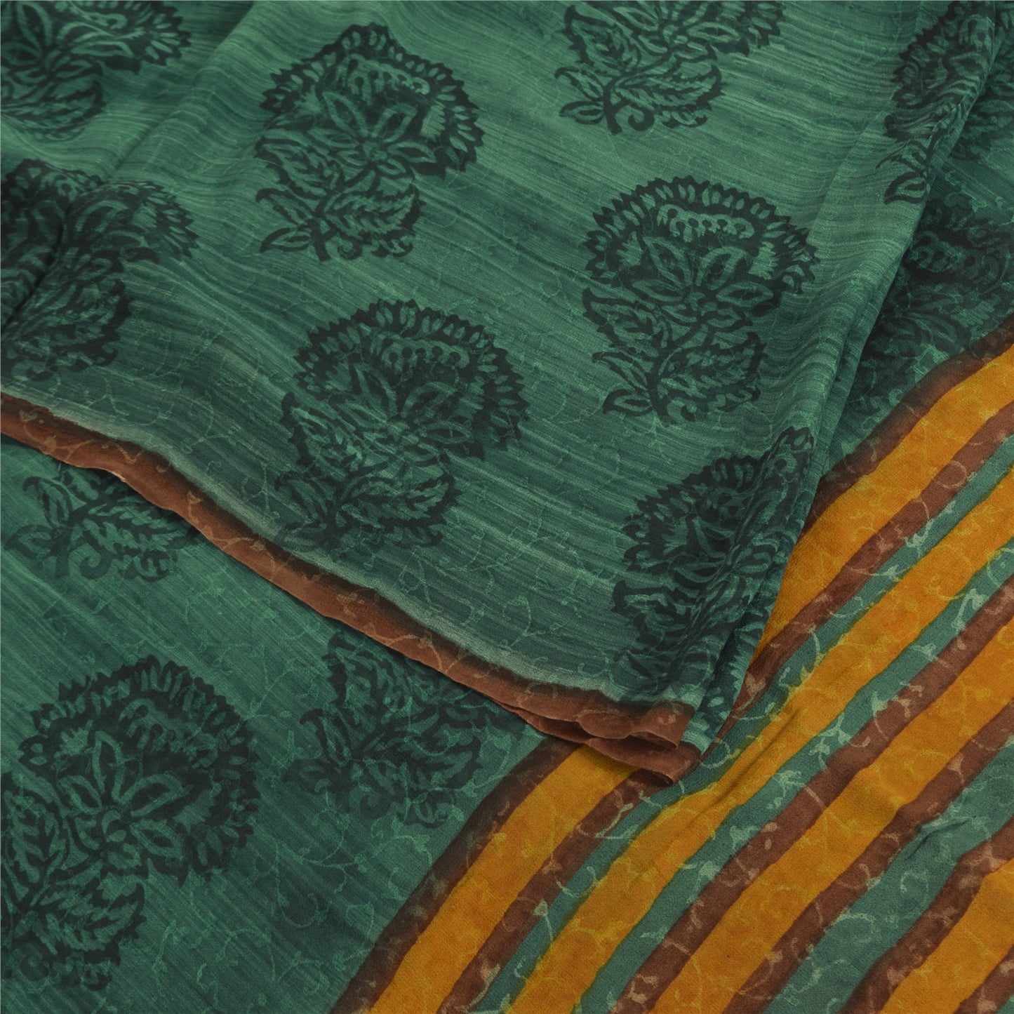 Sanskriti Vintage Sarees Green Pure Georgette Block Printed Sari Craft Fabric