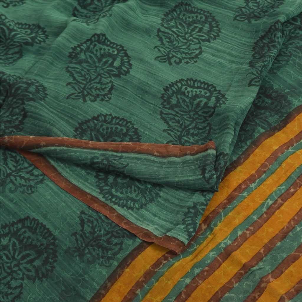 Sanskriti Vintage Sarees Green Pure Georgette Block Printed Sari Craft Fabric