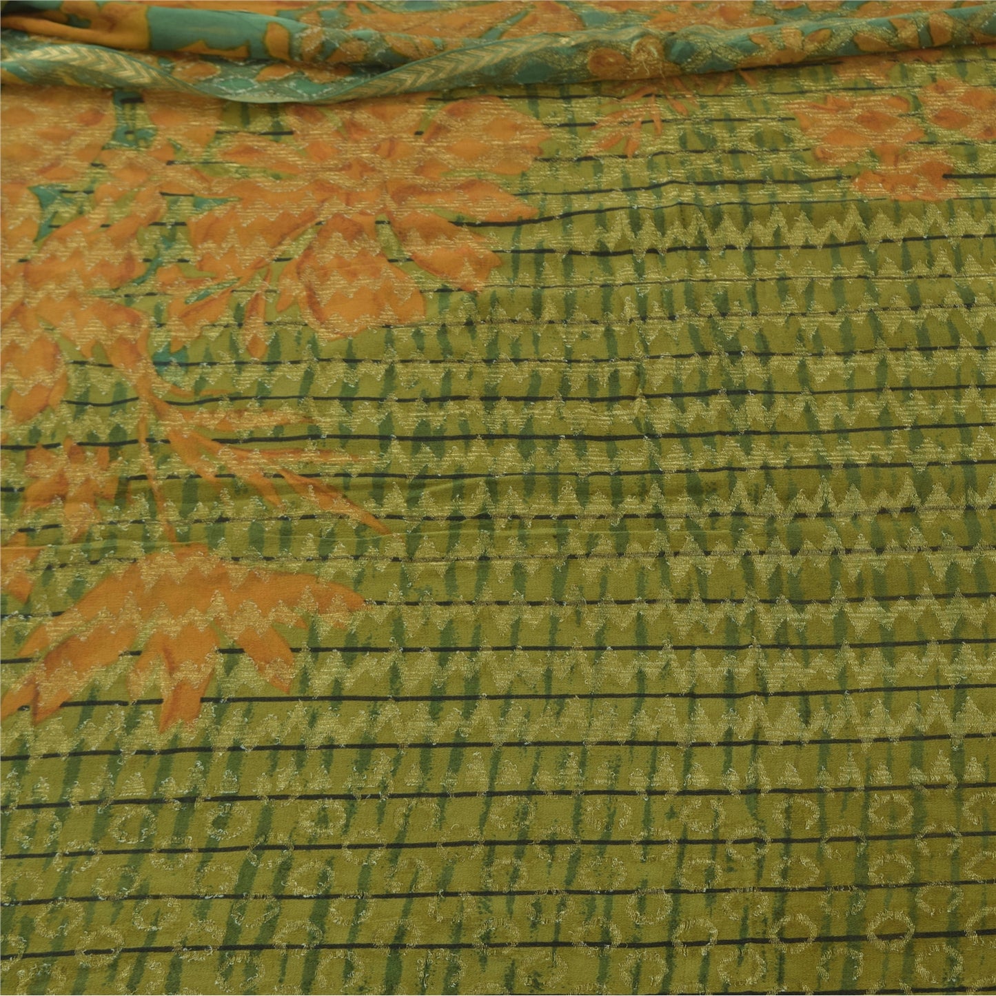 Sanskriti Vintage Sarees Green Pure Georgette Silk Printed Sari 5yd raft Fabric