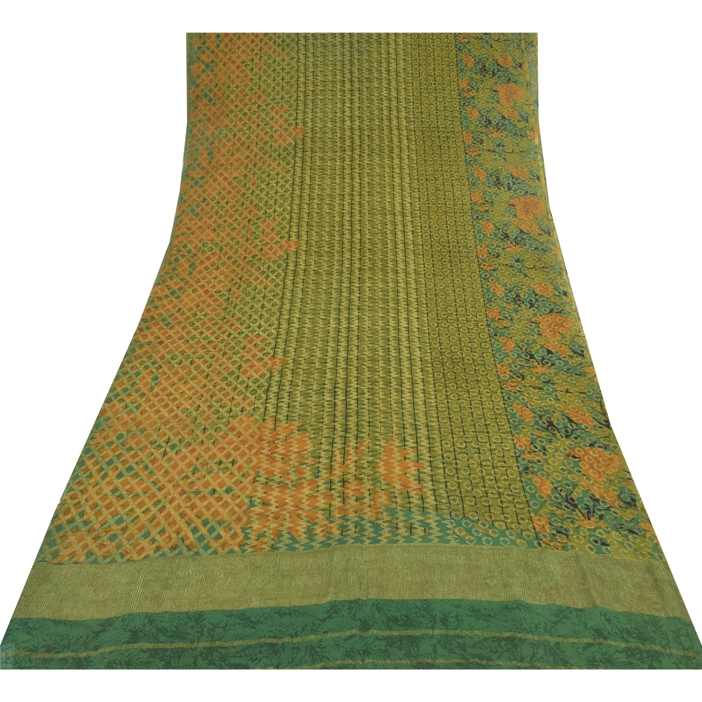 Sanskriti Vintage Sarees Green Pure Georgette Silk Printed Sari 5yd raft Fabric