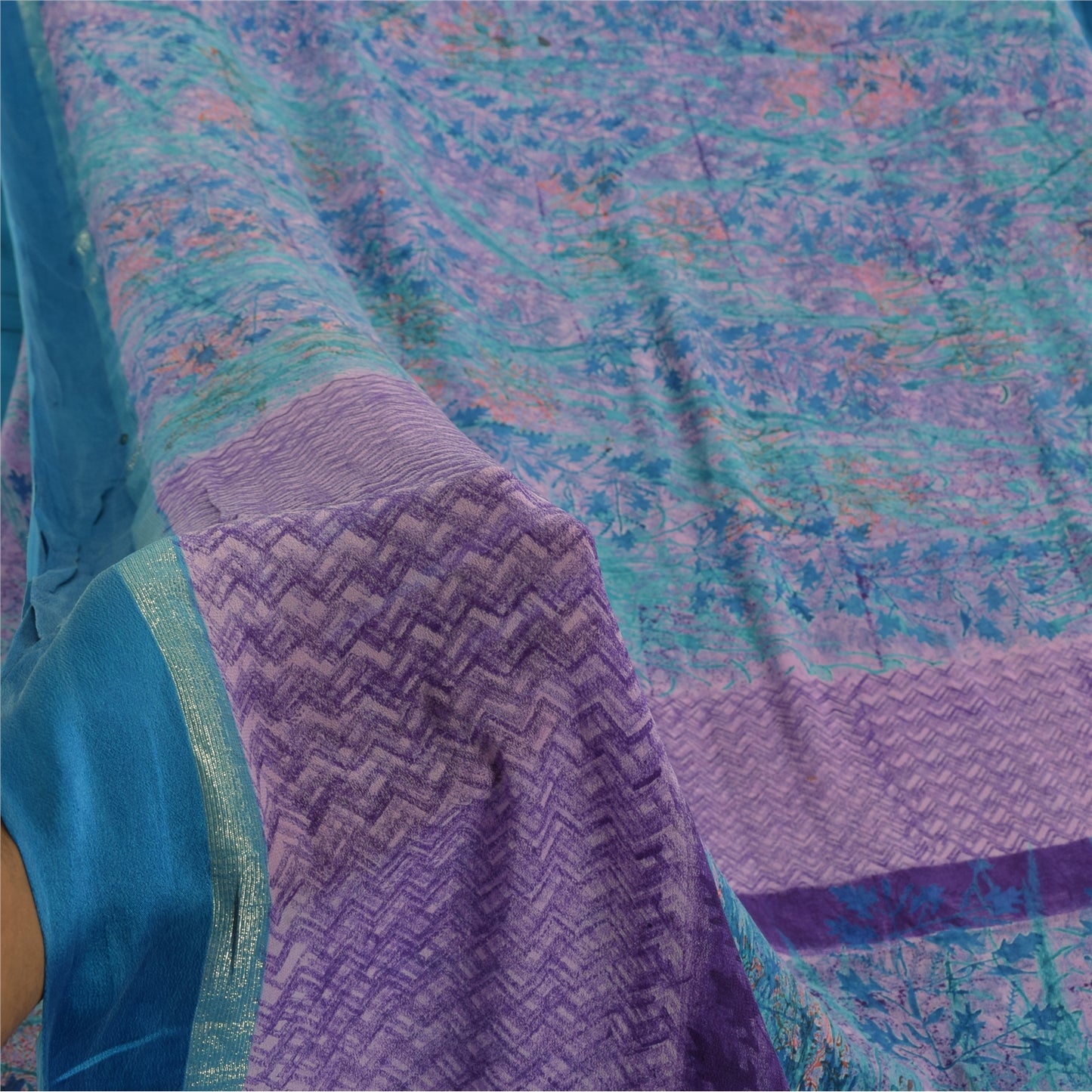 Sanskriti Vintage Sarees Blue/Purple Pure Georgette Silk Print Sari Craft Fabric