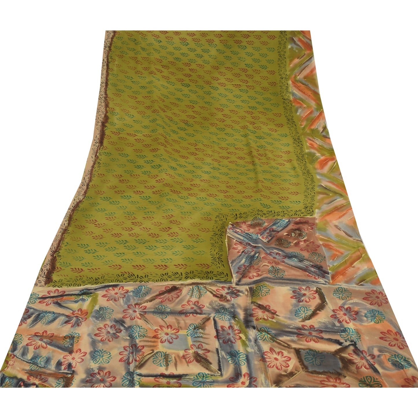 Sanskriti Vintage Sarees Green Pure Georgette Silk Hand Bloc kPrint Sari Fabric