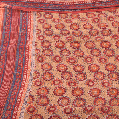 Sanskriti Vintage Sarees Peach/Red Pure Georgette Printed Sari 5yd Craft Fabric