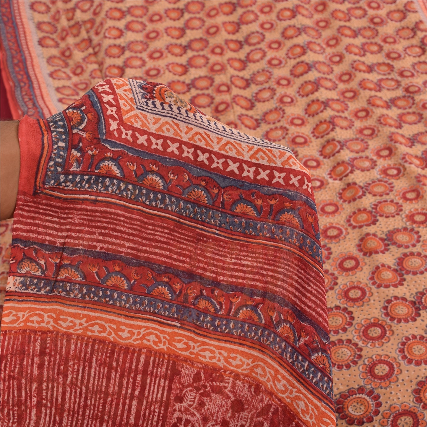 Sanskriti Vintage Sarees Peach/Red Pure Georgette Printed Sari 5yd Craft Fabric