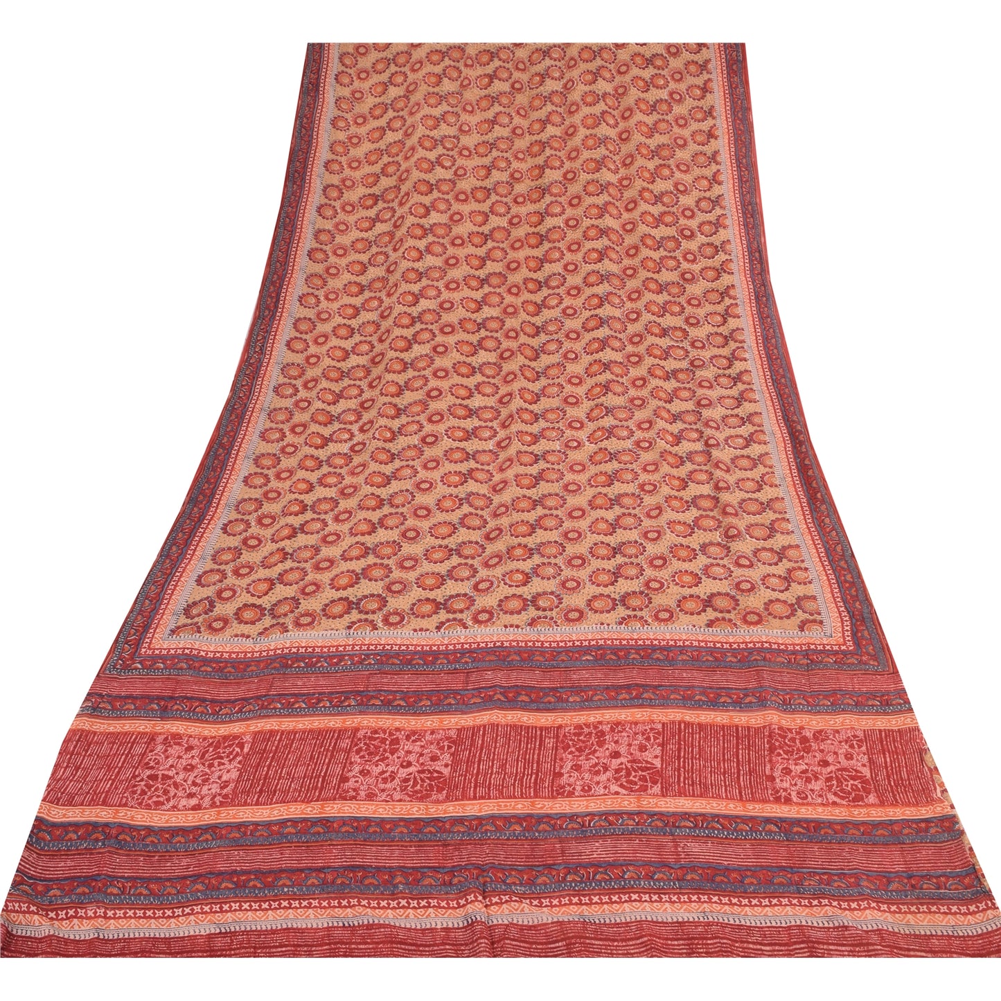 Sanskriti Vintage Sarees Peach/Red Pure Georgette Printed Sari 5yd Craft Fabric