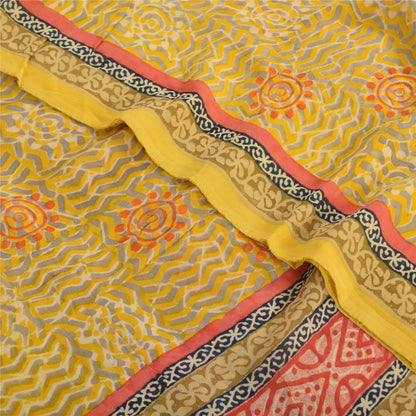 Sanskriti Vintage Sarees Yellow Pure Georgette Silk Print Sari 5yd Craft Fabric