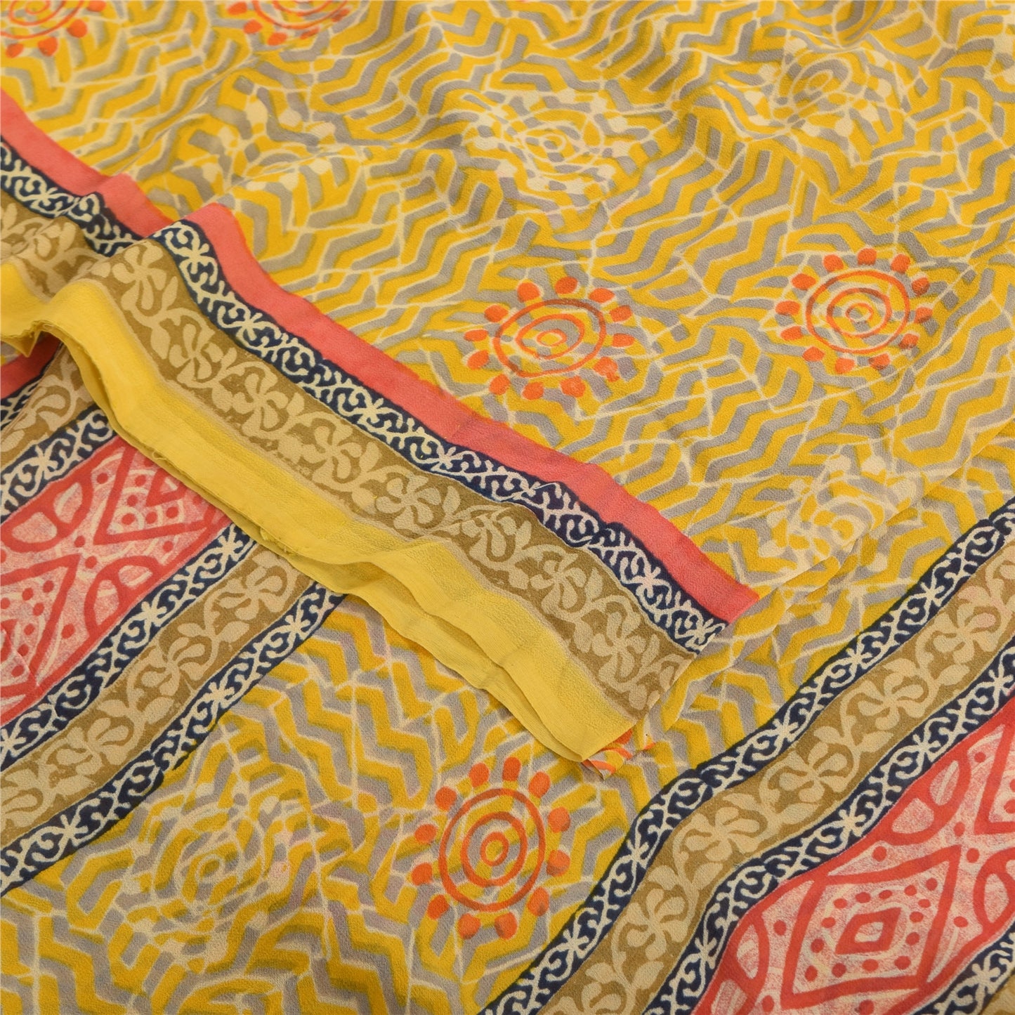 Sanskriti Vintage Sarees Yellow Pure Georgette Silk Print Sari 5yd Craft Fabric