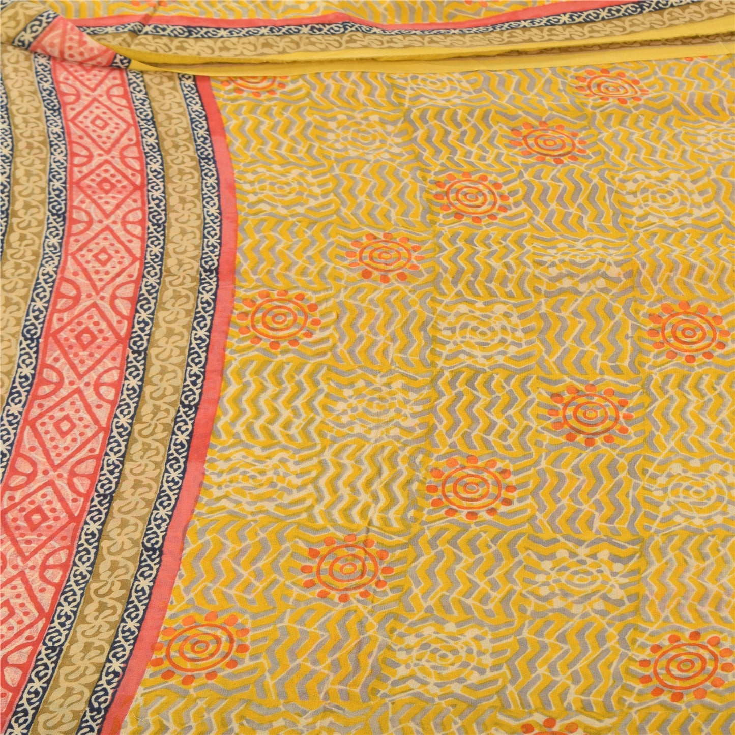 Sanskriti Vintage Sarees Yellow Pure Georgette Silk Print Sari 5yd Craft Fabric