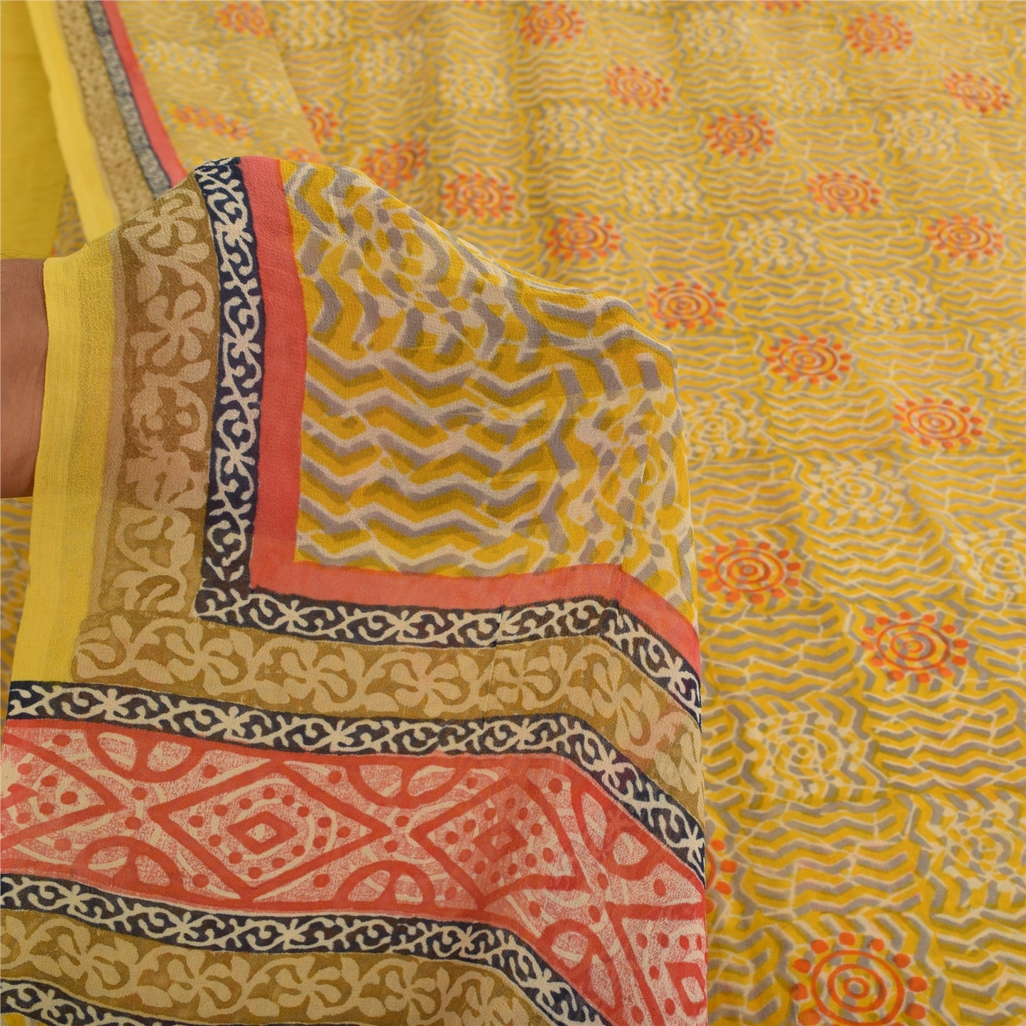 Sanskriti Vintage Sarees Yellow Pure Georgette Silk Print Sari 5yd Craft Fabric