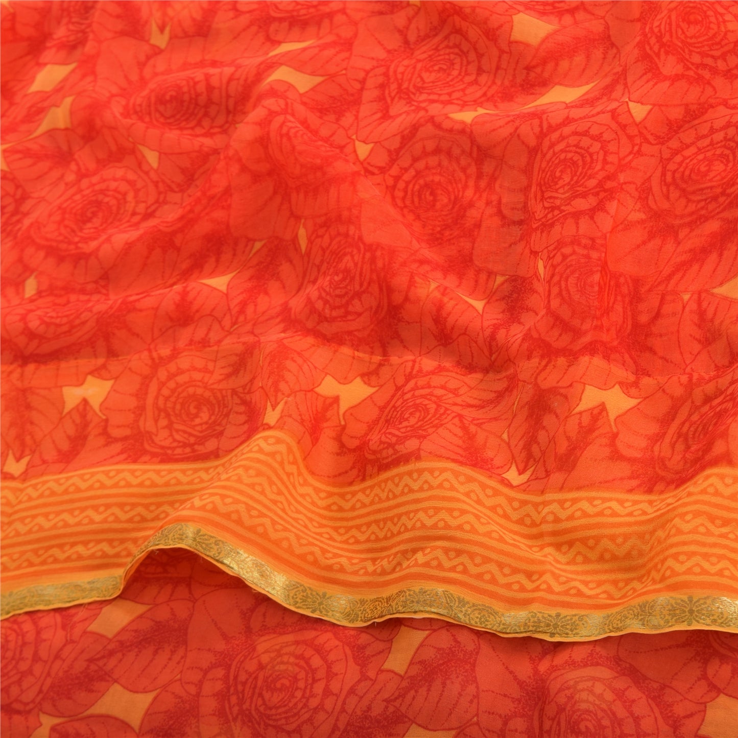 Sanskriti Vintage Sarees Red/Orange Pure Georgette Silk Printed Sari 5yd Fabric