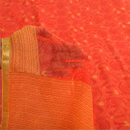 Sanskriti Vintage Sarees Red/Orange Pure Georgette Silk Printed Sari 5yd Fabric