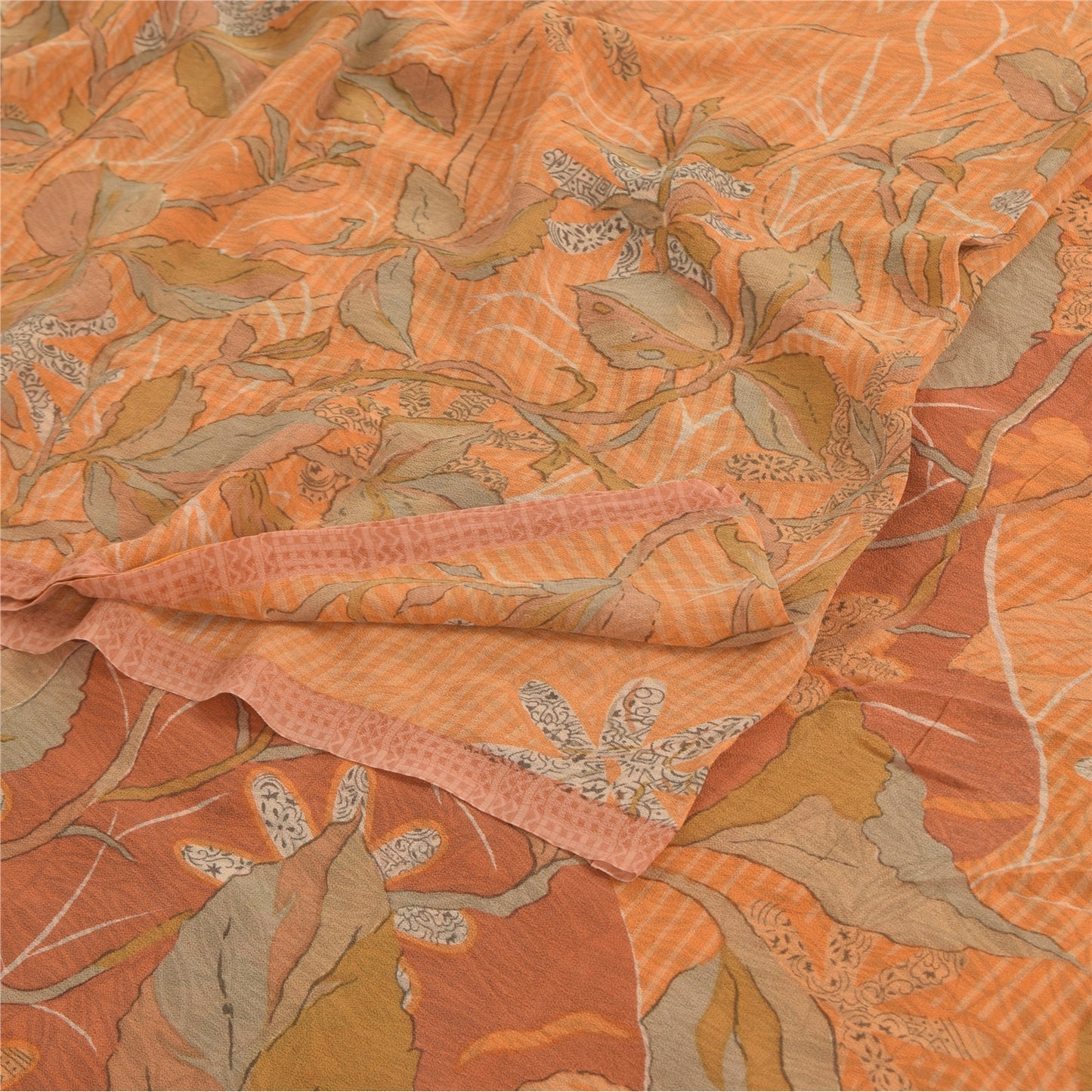 Sanskriti Vintage Sarees Orange Pure Georgette Silk Printed Sari Craft Fabric