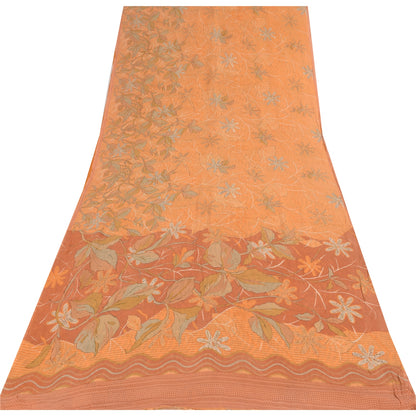 Sanskriti Vintage Sarees Orange Pure Georgette Silk Printed Sari Craft Fabric