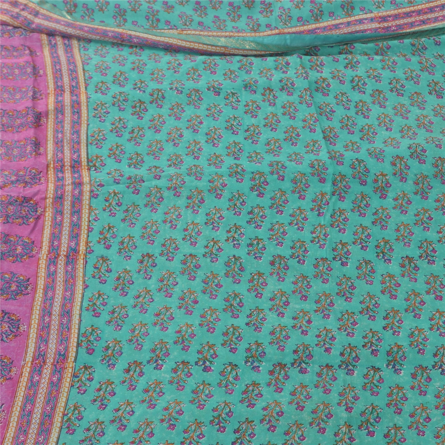 Sanskriti Vintage Sarees Sea-Green Pure Georgette Silk Printed Sari Craft Fabric