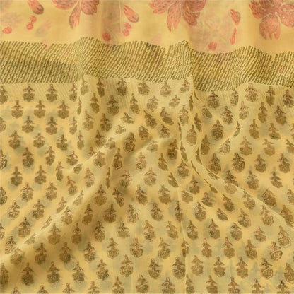 Sanskriti Vintage Sarees Yellow Pure Georgette Silk Print Sari 5yd Craft Fabric