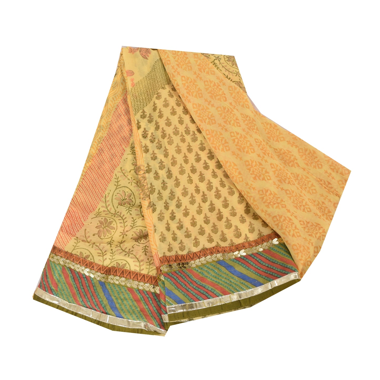 Sanskriti Vintage Sarees Yellow Pure Georgette Silk Print Sari 5yd Craft Fabric