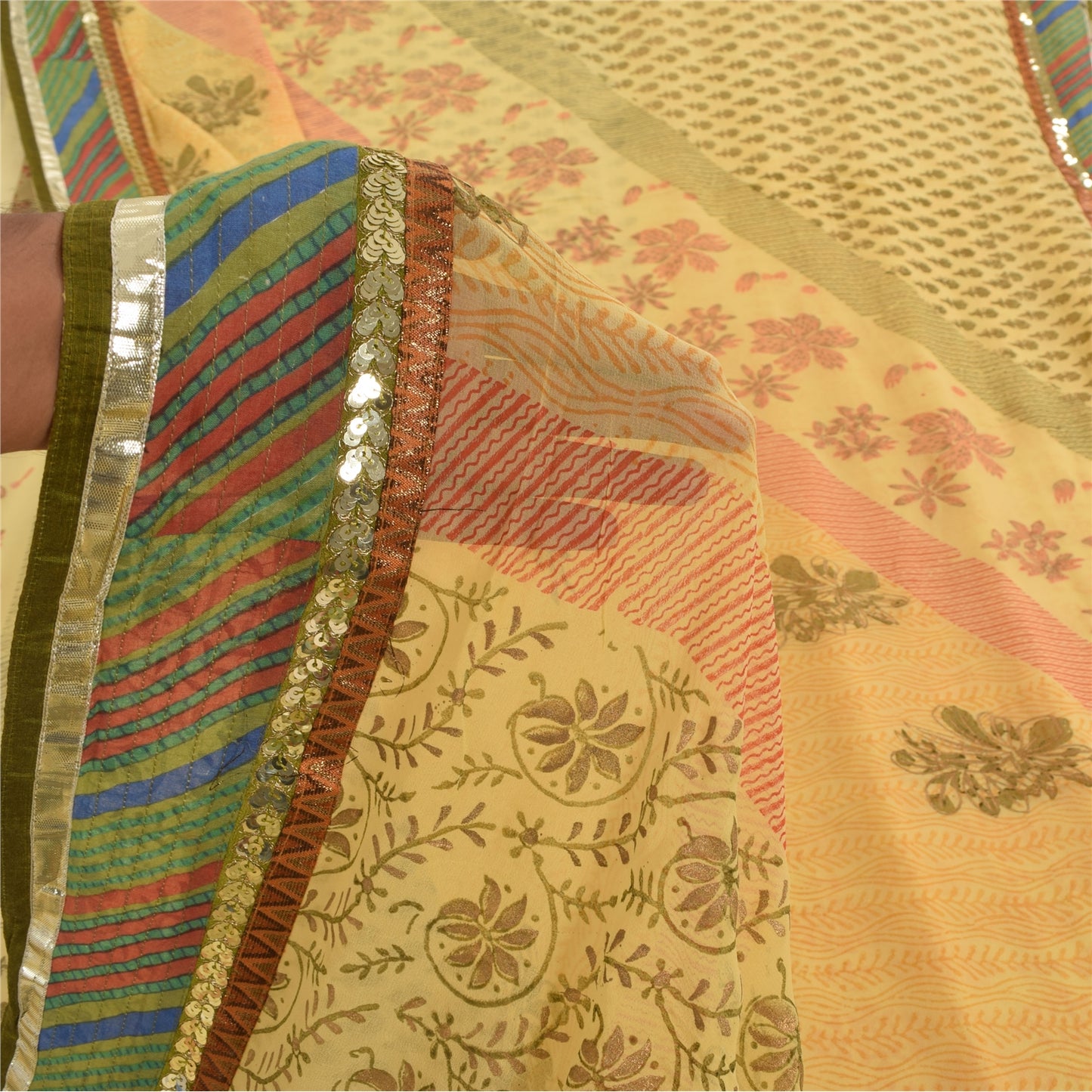 Sanskriti Vintage Sarees Yellow Pure Georgette Silk Print Sari 5yd Craft Fabric