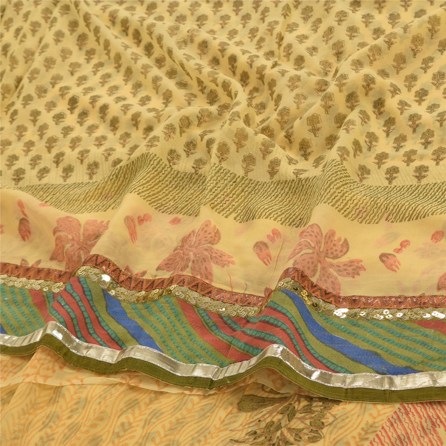 Sanskriti Vintage Sarees Yellow Pure Georgette Silk Print Sari 5yd Craft Fabric