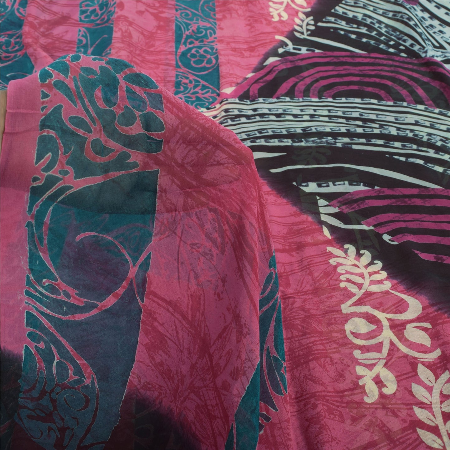 Sanskriti Vintage Sarees Pink Pure Georgette Silk Printed Sari 5yd Craft Fabric