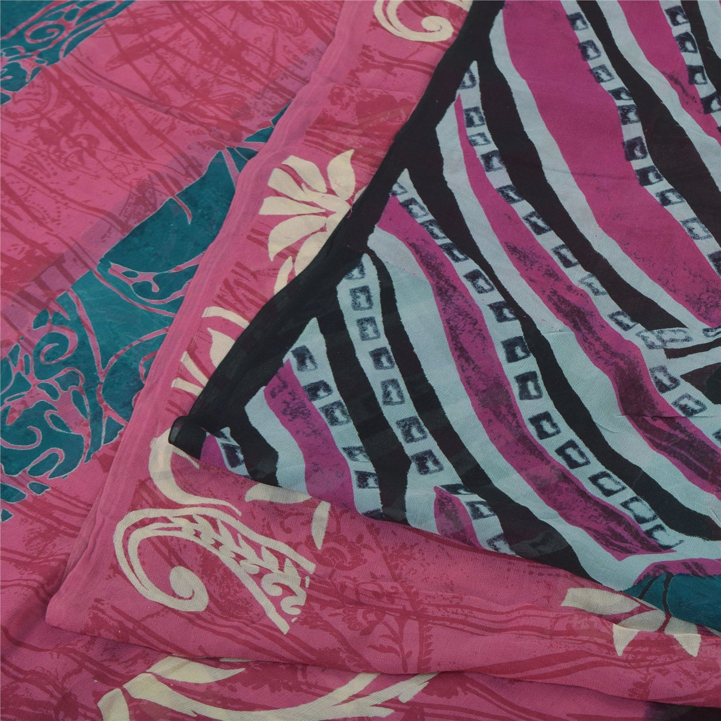 Sanskriti Vintage Sarees Pink Pure Georgette Silk Printed Sari 5yd Craft Fabric