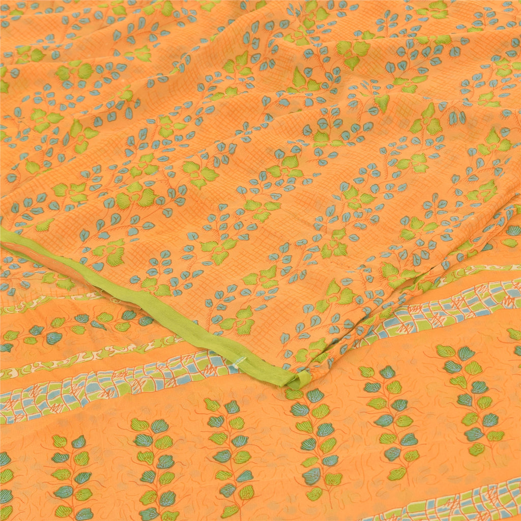 Sanskriti Vintage Sarees Yellow Pure Georgette Silk Print Sari 5yd Craft Fabric