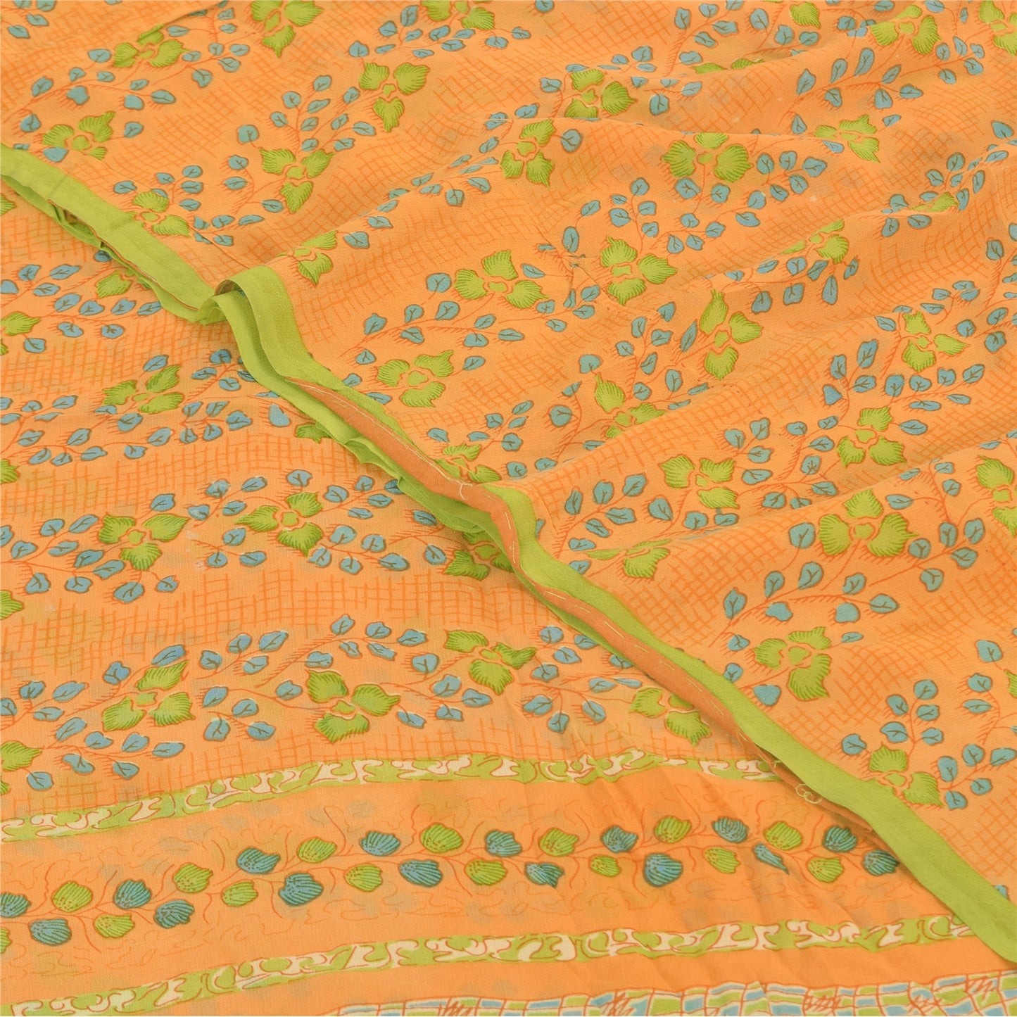 Sanskriti Vintage Sarees Yellow Pure Georgette Silk Print Sari 5yd Craft Fabric