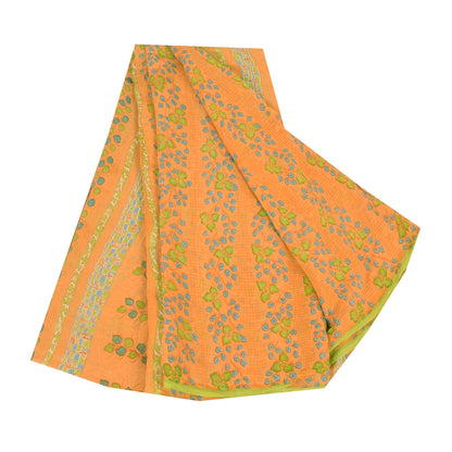 Sanskriti Vintage Sarees Yellow Pure Georgette Silk Print Sari 5yd Craft Fabric